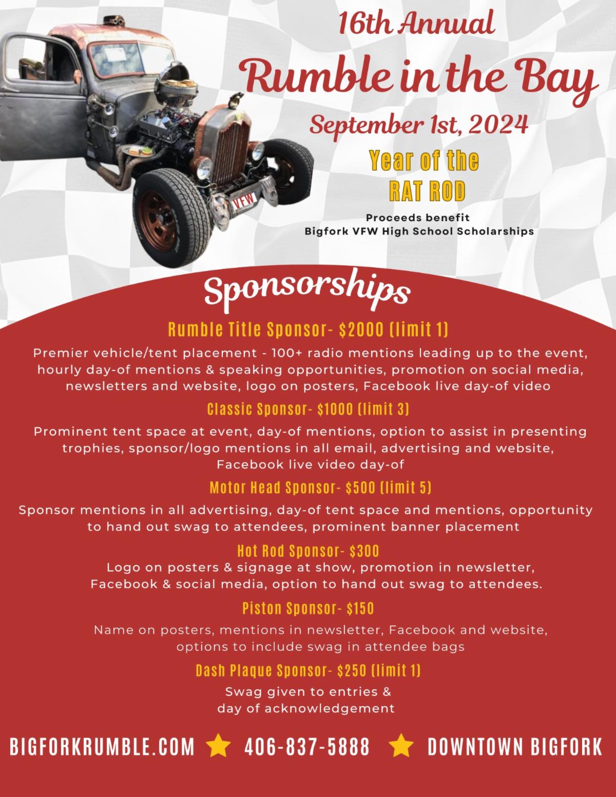 Event flyer featuring a rolling, old red-and-gray rat rod truck, promoting the 16th Annual Rumble in the Bay on September 1st, 2024. Branding, sponsorship tiers, and event details are listed over a light background.